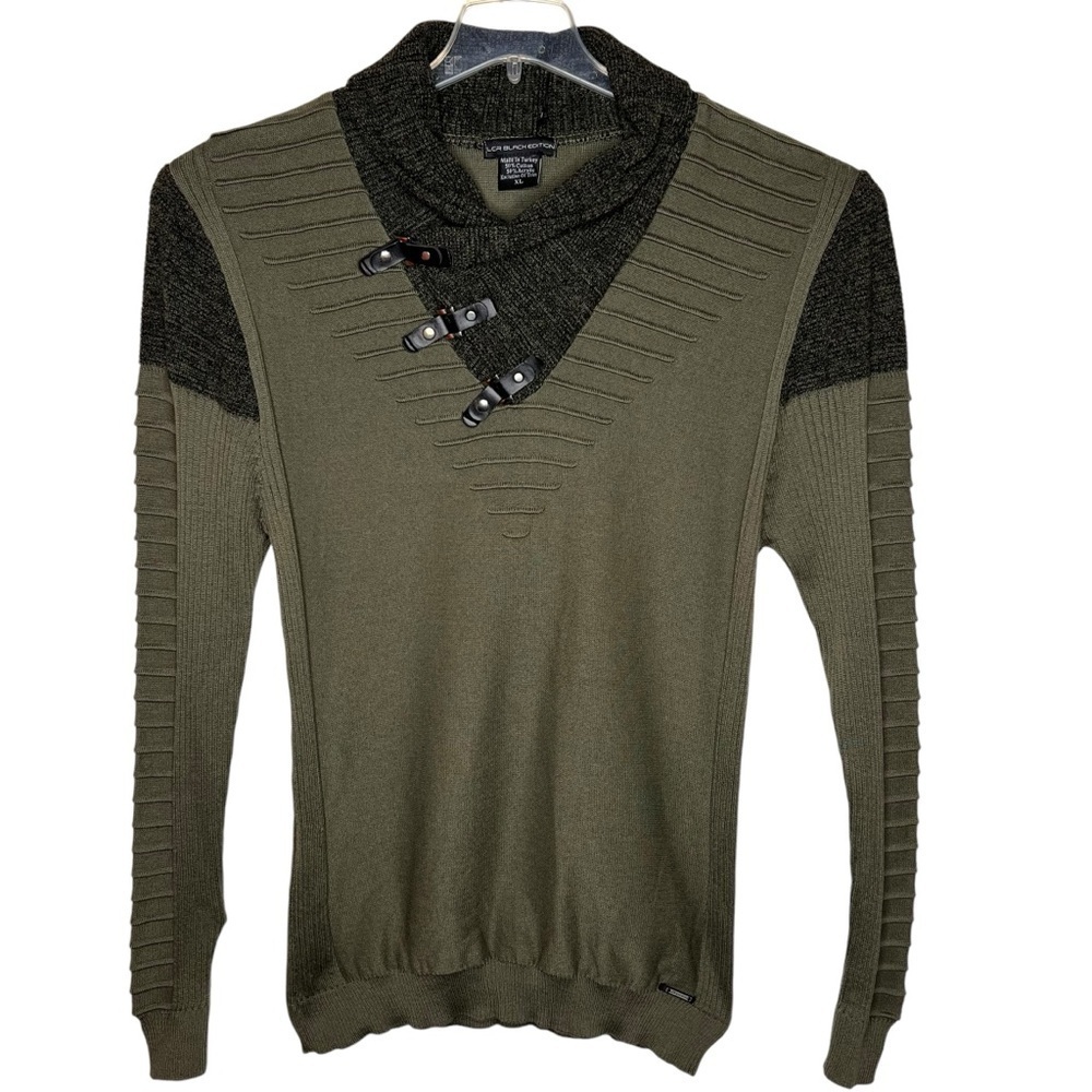 LCR Black Edition Olive Green Shawl Collar Hardware Detail Sweater Size XL NWT